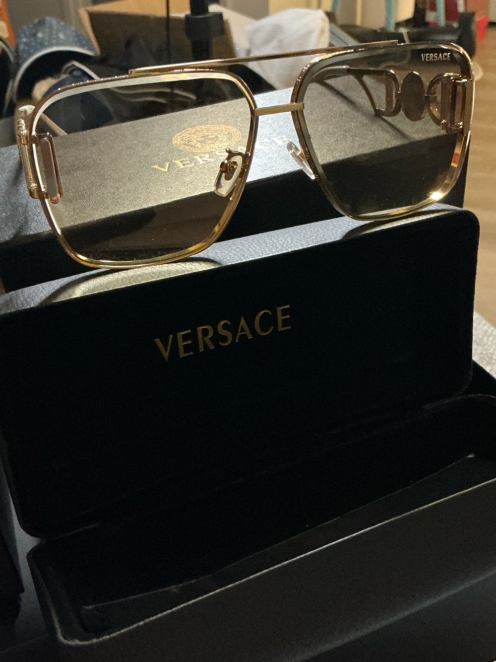 Versace unisex Gold Frame Sunglasses with Brown Gradient Lenses